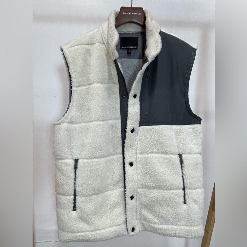 Banana Republic Cream/Off White & Grey Sherpa Vest View 3